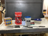 BOX W/ MAD GAB GAME, NOSTALGIA ICE SHAVER NEW GO CUPS, TUPPERWARE