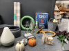 BOX OF MISC DECOR ITEMS -(2) MARY KAY MAKE-UP BAGS,MINI ARTIFICIAL PLANTS, SMALL TIN BUCKETS, ROOM SPRAYS, DIFFUSER (NO CORD) - 4