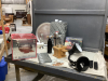 PUNCH BOWL & BOX OF MISC KITCHEN ITEMS - APPLE PEELER, MEAT GRINDER, THERMOS, LAMP, GLASS JAR DISPENSER
