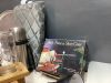 PUNCH BOWL & BOX OF MISC KITCHEN ITEMS - APPLE PEELER, MEAT GRINDER, THERMOS, LAMP, GLASS JAR DISPENSER - 4