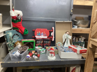BOX OF CHRISTMAS DECOR - LIGHTS, NATIVITY, PAINTED WOOD SLEIGH,