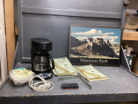 SUNBEAM COFFEE MAKER W/ FILTERS, DINOSAUR PROVINCIAL PARK PICTURE, PLANT BRACKETS, CORNER BRACKETS