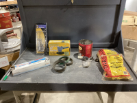 BOX W/ ELECTRIC FENCE INSULATORS, PEGBOARD HOOKS, PNEUMATIC AIR SANDER, WELDING RODS