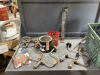 CRATE W/ (4) BRACES, LOTS OF DRILL BITS, WOOD BITS, FORESTER SHIP AUGER
