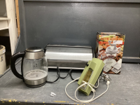 STAINLESS BREAD BOX, VINTAGE HAND MIXER, KITCHEN PLUS 2000 AND CHEFMAN ELECTRIC KETTLE