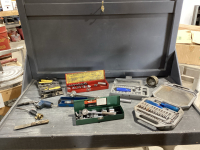 BOX W/ PARTIAL SOCKET SETS, TORCHES, IMPACT DRIVER, PLIERS