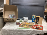 BOX W/ VINTAGE TOYS - XYLOPHONE, LEGO, PIGGY BANK, MICROSCOPE & SLIDES,