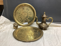 BRASS ITEMS - TEAPOT, (2) TRAYS, BELL