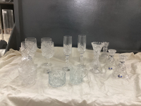 BOX OF BOHEMIAN PINWHEEL CRYSTAL STEMWARE, CREAM & SUGAR, VASE, CONDIMENT DISH