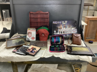 BOX OF MISC ITEMS - 3-D PUZZLE, VINTAGE FRAMES, DVD'S, KNICKNACK SHELF