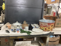 TIN BASKET W/ MISC COLLECTIBLE ITEMS - BUTTER PRESS, COVERED DISH, FLOUR SIFTER, MUGS, FIREKING NAPPIES