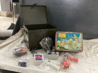 METAL BOX W/ VINTAGE TOYS - LUNCH BOX, BATTLESTAR EARTH COLLECTOR CARDS,. TOY SOLDIERS, PEZ