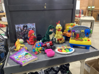 BOX W/STUFFIES, TRUCKS, ACTIVITY TOYS, COLOURING BOOK