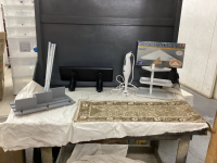 BOX W/ MISC HOUSEHOLD ITEMS - BEADED TABLE RUNNER, PLASTIC CORNER SHELF, (2) SMALL WOOD SHELVES, SMALL TENSION RODS, IMMERSION BLENDER