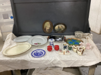 BOS W/ MISC COLLECTIBLES - PLATTERS, SALT & PEPPER, TOOTHBRUSH HOLDER, PICTURES