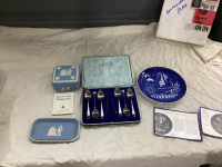 DANISH COLLECTOR PLATE, WEDGWOOD TRINKET BOXES, SILVER SPOON SET