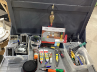 2 TOTES; ELECTRICAL PLATES, OUTDOOR BOXES, PAINTING SUPPLIES, POLY FILLA