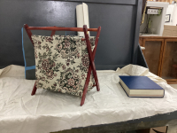 TAPESTRY KNITTING BASKET WITH HOUSEHOLD ITEMS