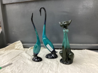 (2) HANDMADE CERAMIC BIRDS & CERAMIC CAT