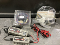 BOX W/2 GENIUS WICKED SMART CHARGERS, GARAGE DOOR THRESHOLD SEAL, & COUNTERACT ELECTRIC RUST PROTECTION