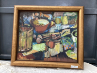 ABSTRACT OIL PAINTING ON BOARD. - WOOD FRAME