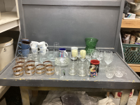 (2) BOXES W/ GLASSWARE - WINE, TUMBLERS, COFFEE MUGS, VASE