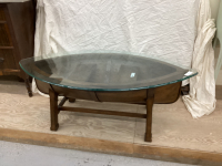 CANOE SHAPED COFFEE TABLE W/ HEAVY TEMPERED GLASS TOP