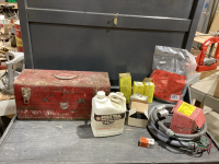 BOX OF HOSES, VALVES, FILTER DRIERS, ETC + RED TOOL BOX