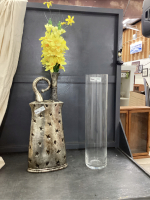 (2) VASES - CLEAR GLASS & PLASTIC W/ YELLOW FLOWERS