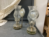 (2) MATCHING KEROSENE LAMPS W/ WALL MOUNT REFLECTOR PLATES