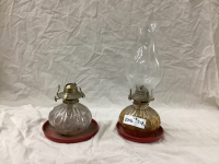 (2) MATCHING KEROSENE LAMPS ON METAL TRAYS - ONLY 1 CHIMNEY