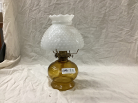 KEROSENE LAMP W/ WHITE GLASS HOBNAIL SHADE AND AMBER BASE ....NO CHIMNEY