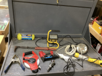 BOX WORK LIGHTS, TAPE MEASURE, ROPE, BALL HITCH, BULB ON A CORD, AIR STAPLER, NAIL PULLER