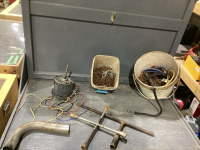 2 PAILS: TIRE IRON, CHAINS, BUNGI CORD, & ELECTRIC MOTOR 1/2HP, MORE CHAIN