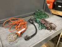 BOX W/ TROUBLE LIGHT, EXTENSION CORDS, RV PLUG