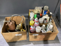 (2) BOXES - OIL DISPENSERS, CLEANING WAX, GLASS CLEANER, BRAKE CLEANER, METAL POLISH