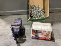 BOX W/ VISE, (2) SETS OF TIRE CHAINS