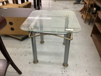 GLASS TOPPED SIDE TABLE W/ CHROME & BRASS BASE
