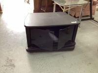 SMALL BLACK SWIVEL TV STAND W/ GLASS DOORS