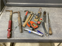 BOX W/NAIL PULLERS, HAMMERS, TAPE MEASURE, PLANES, KNIFE
