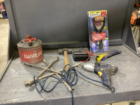 VINTAGE GAS CAN, TIRE IRONS, SLEDGE HAMMER, MASTERCRAFT IMPACT DRIVER, POWER INVERTER 300