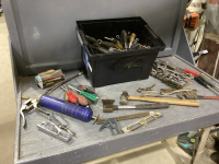 BLACK TOTE W/ HATCHET, GREASE GUN, BALL PEEN HAMMER, WRENCHES