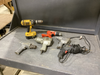 BOX WITH AIR IMPACTS, AIR CHISEL, CORDED SKIL DRILL, DEWALT CORDLESS DRILL, B+D CORDLESS DRILL