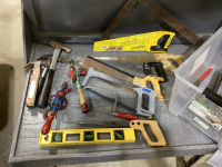 TOTE W/SQUARE, HAND SAWS, LEVEL, BACK SAW, COPING SAW, HACKSAW, HAMMERS, LEVEL, PIPE WRENCHES, HAND DRILL