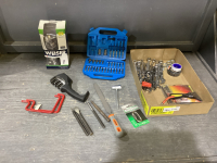 FLAT W/WRENCHES, KNIFE SHARPENER, CHISELS, ALLEN WRENCHES, PLIERS