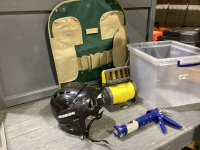 TOTE W/HOCKEY HELMET, STANLEY FAN, CAULKING GUN, SOFT TOOL ORGANIZER