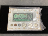 1967 CENTENNIAL CANADIAN SOUVENIR COIN SET - $1 BILL, $1 COIN, 50 CENT PIECE, QUARTER/DIME/NICKE./PENNY