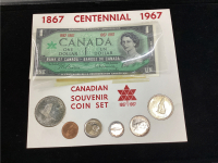 1967 CENTENNIAL CANADIAN SOUVENIR COIN SET - $1 BILL, $1 COIN, 50 CENT PIECE, QUARTER/DIME/NICKEL/PENNY