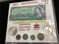 1967 CENTENNIAL CANADIAN SOUVENIR COIN SET. $1 BILL, $1 COIN, 50 CENT PIECE, QUARTER/DIME NICKEL/PENNY