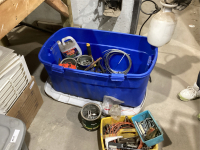 BLUE LIDDED TOTE W/ BOLTS, CABLE, COPPER PIPE, SPRAYER, WEED WHIP LINE, CHAIN, CLEVIS